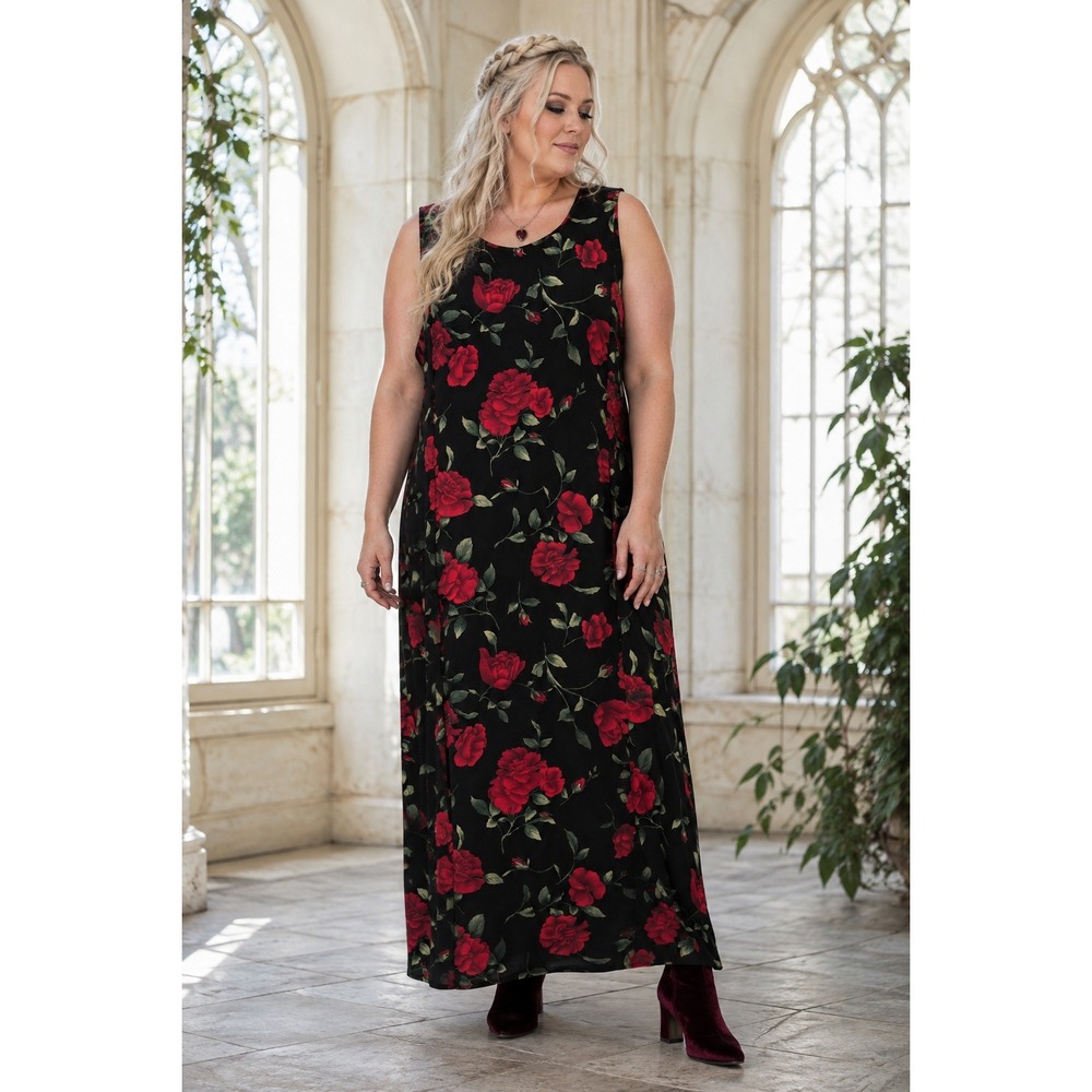 Boho Whimsigoth Romantic Y2K 90s Vintage Black Red Rose Floral 14 Maxi Dress